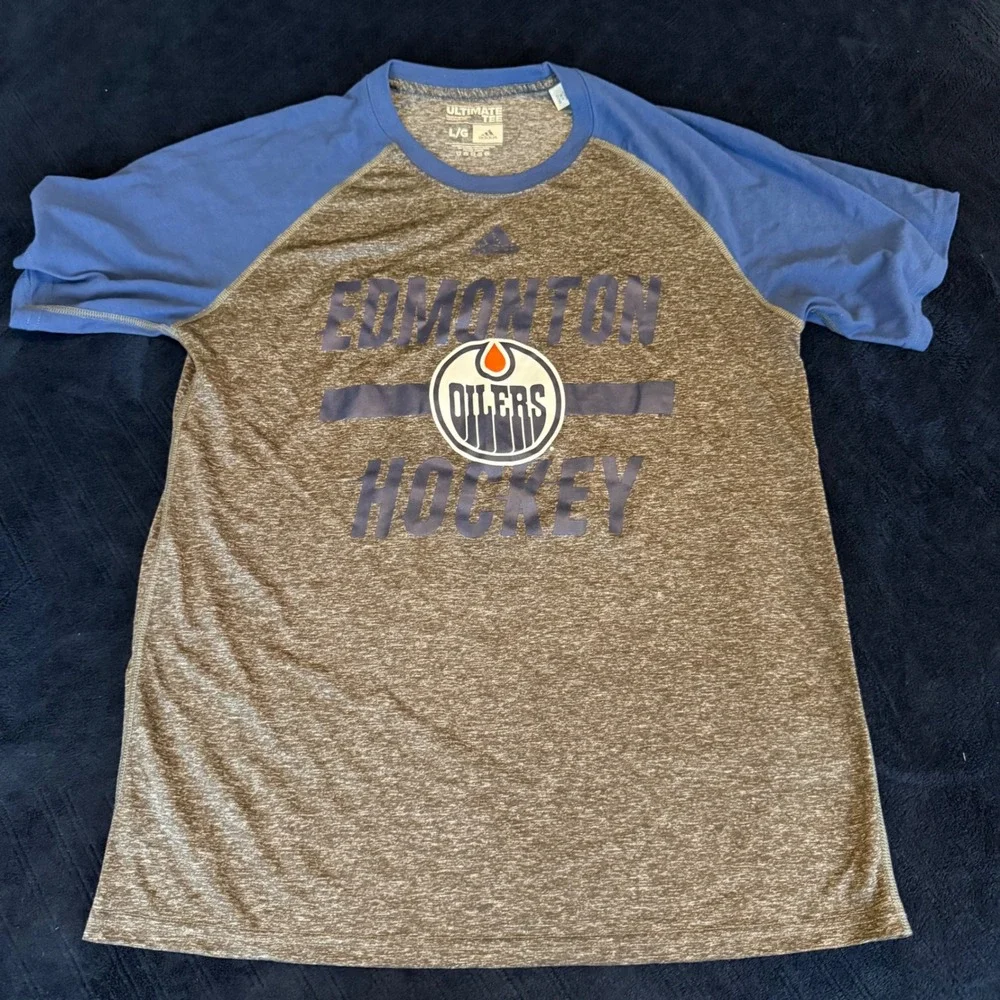 Adidas Edmonton Oilers Hockey Ultimate Tee Mens Large Grey‎ Blue Climalite Shirt